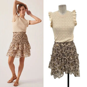 Anthropologie Current Air Dress Mini Sweater Ruffle Crewneck Beige Size Small